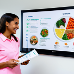 A professional, well-dressed young woman confidently engaging with a certified dietitian in a bright, modern nutrition clinic. The woman is holding a personalized, colorful meal plan printout, smiling slightly, indicating understanding and empowerment. The dietitian, in modest, professional attire, points to a clear diagram on a large screen displaying concepts like "personalized nutrition" or "balanced lifestyle," emphasizing science-backed guidance. The clinic environment is clean and professional, with subtle elements like healthy food illustrations on the wall. The atmosphere is positive and educational, highlighting the role of expert support in achieving a healthy lifestyle. fully clothed, modest clothing, appropriate attire, professional dress, perfect anatomy, correct proportions, natural pose, well-formed hands, proper finger count, natural body proportions, safe for work, appropriate content, professional, family-friendly, high-quality photography, sharp focus.