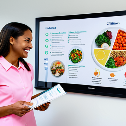 Home 18 A professional, well-dressed young woman confidently engaging with a certified dietitian in a bright, modern nutrition clinic. The woman is holding a personalized, colorful meal plan printout, smiling slightly, indicating understanding and empowerment. The dietitian, in modest, professional attire, points to a clear diagram on a large screen displaying concepts like "personalized nutrition" or "balanced lifestyle," emphasizing science-backed guidance. The clinic environment is clean and professional, with subtle elements like healthy food illustrations on the wall. The atmosphere is positive and educational, highlighting the role of expert support in achieving a healthy lifestyle. fully clothed, modest clothing, appropriate attire, professional dress, perfect anatomy, correct proportions, natural pose, well-formed hands, proper finger count, natural body proportions, safe for work, appropriate content, professional, family-friendly, high-quality photography, sharp focus.