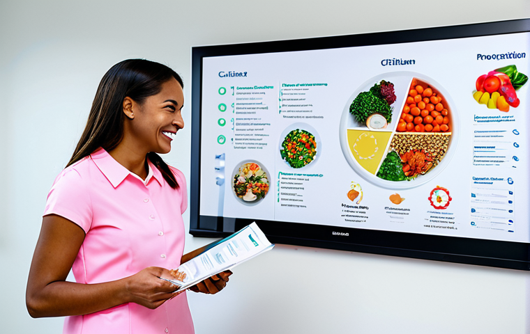 A professional, well-dressed young woman confidently engaging with a certified dietitian in a bright, modern nutrition clinic. The woman is holding a personalized, colorful meal plan printout, smiling slightly, indicating understanding and empowerment. The dietitian, in modest, professional attire, points to a clear diagram on a large screen displaying concepts like "personalized nutrition" or "balanced lifestyle," emphasizing science-backed guidance. The clinic environment is clean and professional, with subtle elements like healthy food illustrations on the wall. The atmosphere is positive and educational, highlighting the role of expert support in achieving a healthy lifestyle. fully clothed, modest clothing, appropriate attire, professional dress, perfect anatomy, correct proportions, natural pose, well-formed hands, proper finger count, natural body proportions, safe for work, appropriate content, professional, family-friendly, high-quality photography, sharp focus.