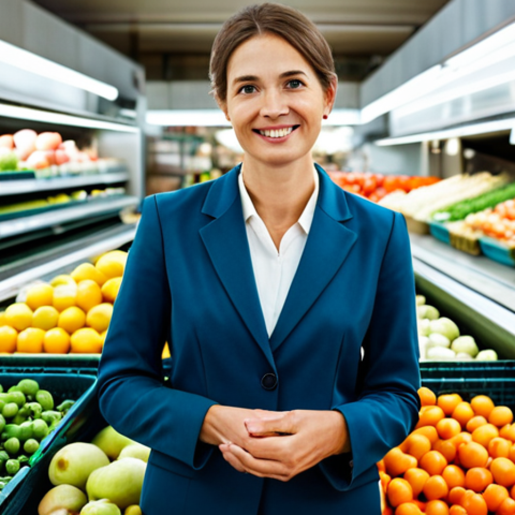 A professional food safety expert, a woman with a confident and knowledgeable expression, standing in a brightly lit, modern, and clean food market. She is fully clothed in a modest, professional blazer and slacks. In the foreground, perfectly arranged, vibrant fresh vegetables and fruits emphasize high quality and proper handling. She gestures towards a display, conveying trust and responsible food sourcing. This image embodies professional dress, safe for work, appropriate content, family-friendly, perfect anatomy, correct proportions, natural pose, well-formed hands, proper finger count, natural body proportions.