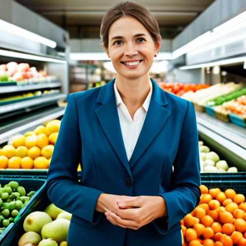 Home 9 A professional food safety expert, a woman with a confident and knowledgeable expression, standing in a brightly lit, modern, and clean food market. She is fully clothed in a modest, professional blazer and slacks. In the foreground, perfectly arranged, vibrant fresh vegetables and fruits emphasize high quality and proper handling. She gestures towards a display, conveying trust and responsible food sourcing. This image embodies professional dress, safe for work, appropriate content, family-friendly, perfect anatomy, correct proportions, natural pose, well-formed hands, proper finger count, natural body proportions.