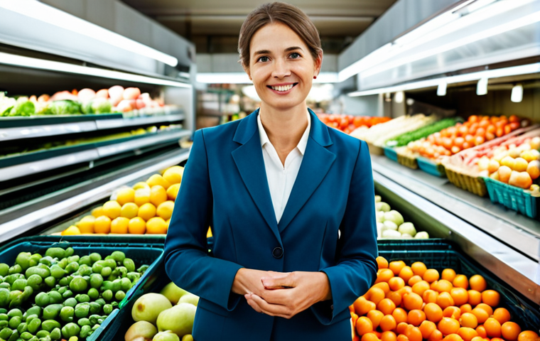 A professional food safety expert, a woman with a confident and knowledgeable expression, standing in a brightly lit, modern, and clean food market. She is fully clothed in a modest, professional blazer and slacks. In the foreground, perfectly arranged, vibrant fresh vegetables and fruits emphasize high quality and proper handling. She gestures towards a display, conveying trust and responsible food sourcing. This image embodies professional dress, safe for work, appropriate content, family-friendly, perfect anatomy, correct proportions, natural pose, well-formed hands, proper finger count, natural body proportions.