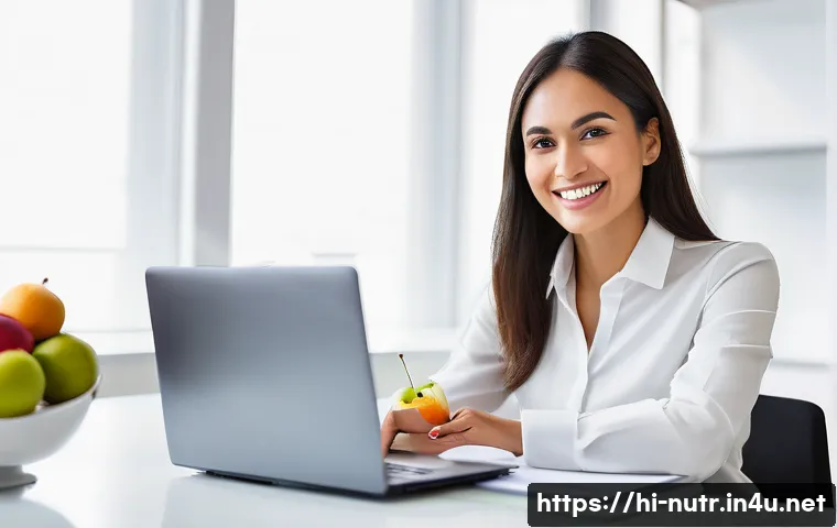 영양사 직업 전망 - **Prompt:** "A cheerful female nutritionist, approximately 30-35 years old, with a warm smile, weari...