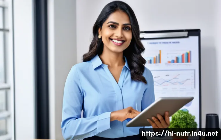 영양사 이직 후 성공 사례 - A confident Indian woman nutritionist in her early 30s, wearing professional attire with a subtle tr...
