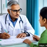 영양사 자격증으로 할 수 있는 일 - A professional Indian nutritionist in a modern hospital consultation room, wearing smart casual atti...