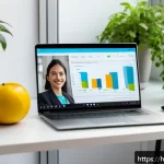 영양사 업무에서 필요한 컴퓨터 기술 - A professional nutritionist conducting an online consultation session via Zoom on a laptop, showing ...