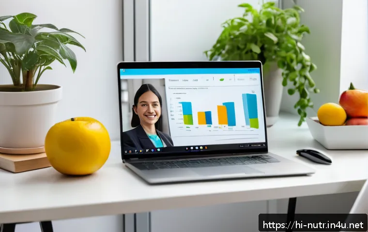 영양사 업무에서 필요한 컴퓨터 기술 - A professional nutritionist conducting an online consultation session via Zoom on a laptop, showing ...