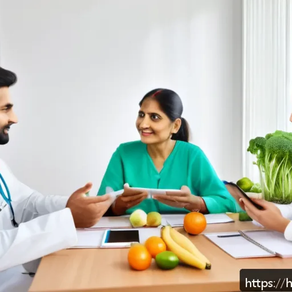 영양사 직업과 라이프스타일 - A modern nutrition expert consulting a diverse group of Indian clients in a bright, professional cli...