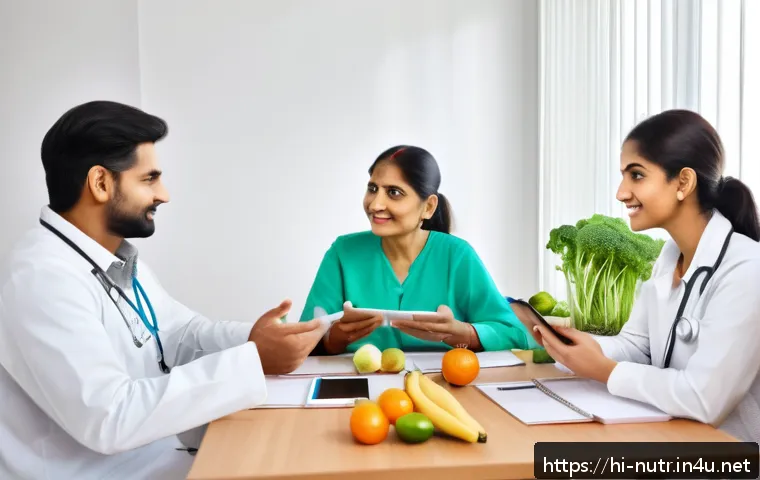 영양사 직업과 라이프스타일 - A modern nutrition expert consulting a diverse group of Indian clients in a bright, professional cli...